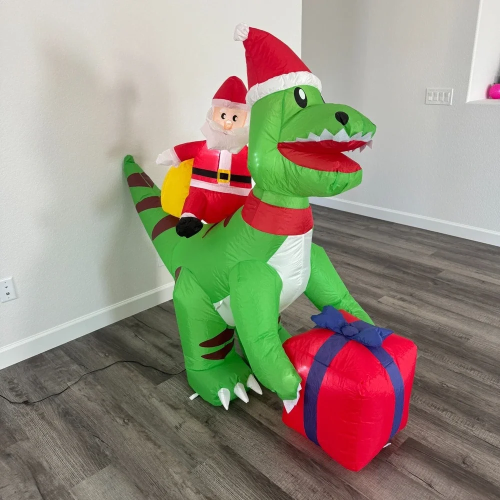 Christmas Santa Riding Dinosaur Airblown Inflatable Decor LED BlowUp Lawn‎ Dino